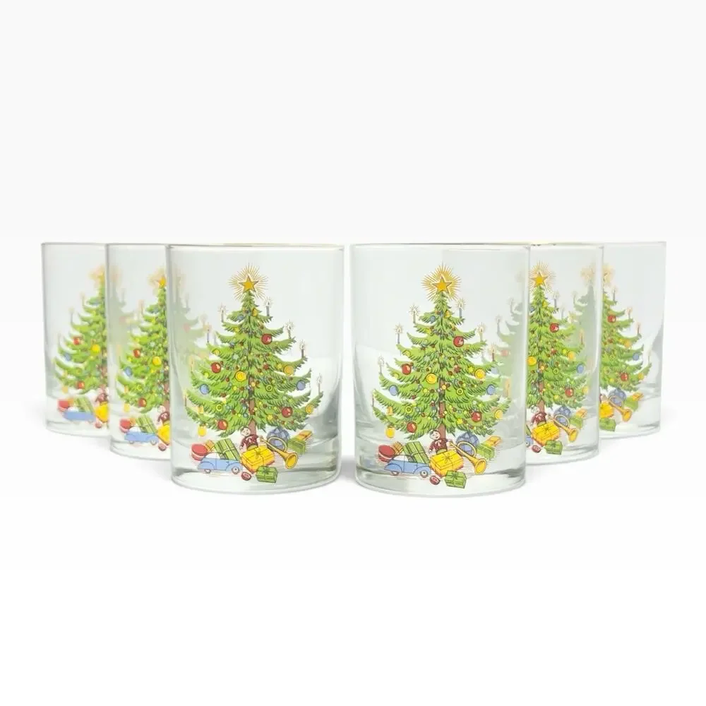 1980s Vintage Christmas Tree 6 Old Fashioned Tumbler Drinking Glasses 4.25” 14oz